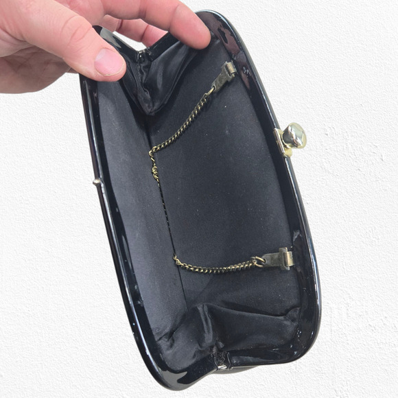 Vintage 50s Black Patent Vinyl Chain Evening Bag Kiss Lock Mid Century Purse - Picture 9 of 9